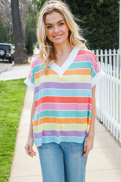 Bedazzled Rainbow Striped V Neck Drop Shoulder Thermal Knit Top-2024 Blow-Out Sale-Authentically Radd Women's Online Boutique in Endwell, New York