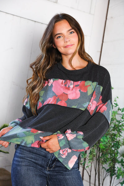 Cottage Roses Charcoal Color Block Long Sleeve-Authentically Radd Women's Online Boutique in Endwell, New York