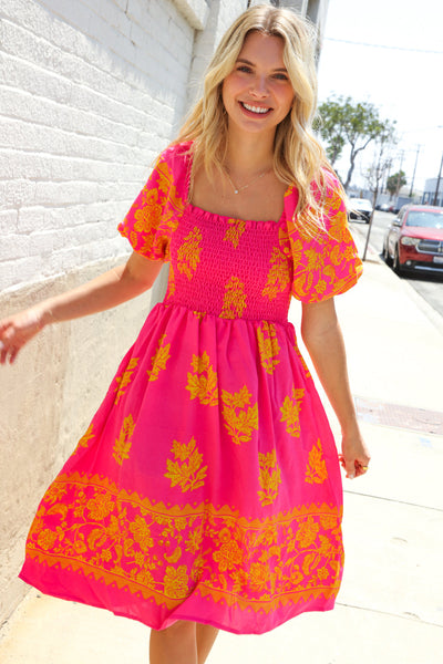 Beautiful You Coral Floral & Border Print Smocked Dress-07-01-25 Summer Sale-Authentically Radd Women's Online Boutique in Endwell, New York