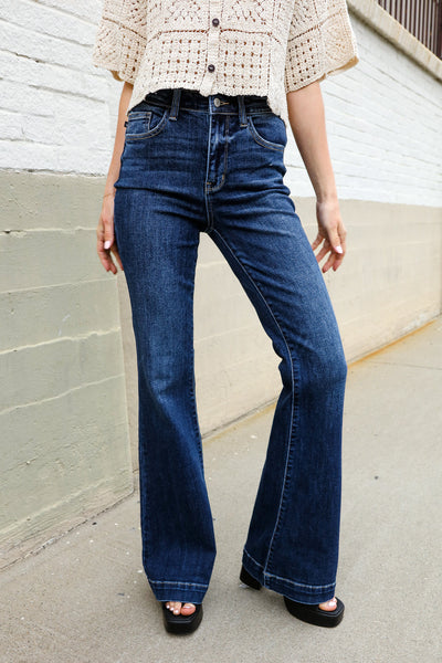Judy Blue High Rise Trouser Flare Dark Wash Denim Jeans-Authentically Radd Women's Online Boutique in Endwell, New York