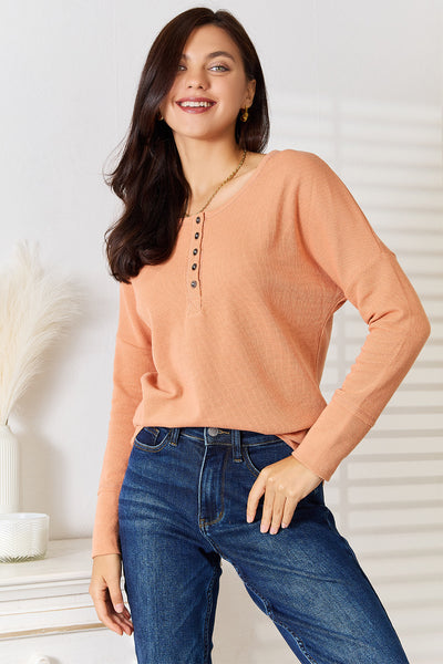 Basic Bae Half Button Long Sleeve Top-Authentically Radd Women's Online Boutique in Endwell, New York