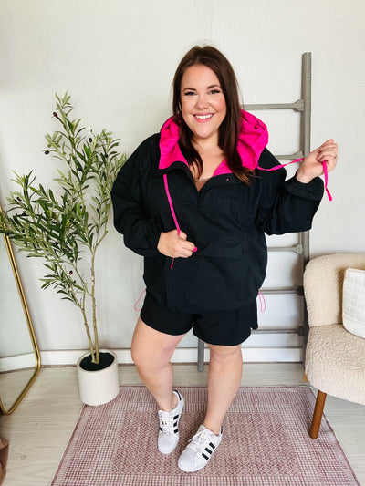 Glow Up Pink and Black Hooded Jacket-Authentically Radd Women's Online Boutique in Endwell, New York