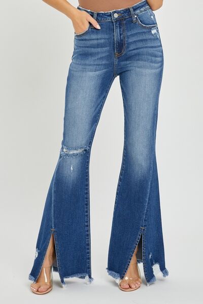 RISEN High Rise Front Slit Frayed Hem Flare Jeans-Authentically Radd Women's Online Boutique in Endwell, New York