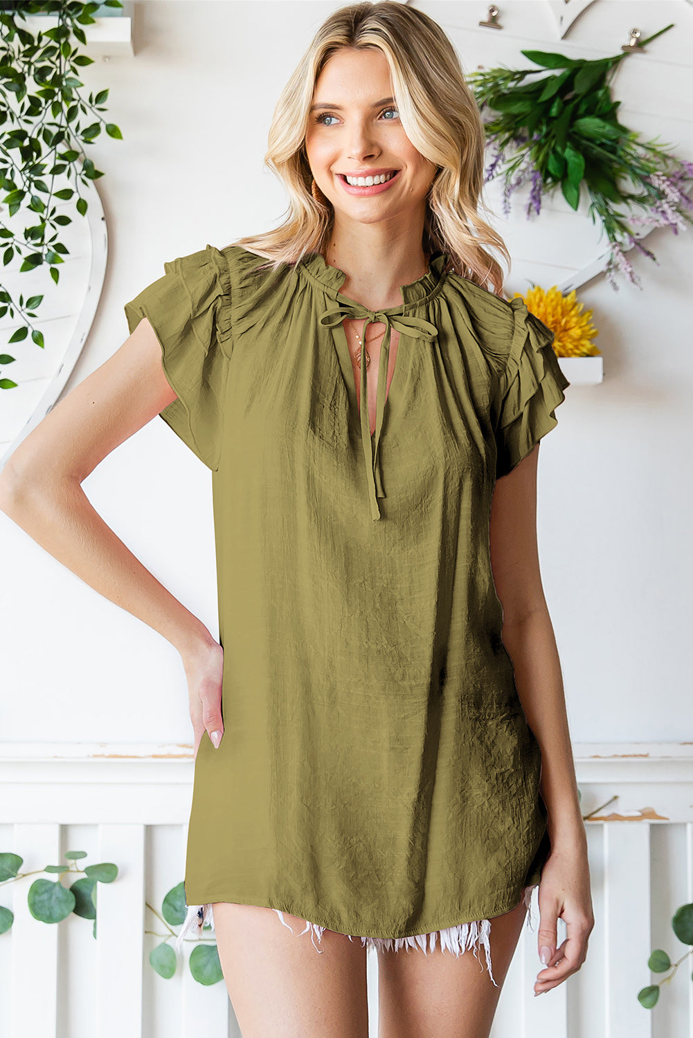 Tie-Neck Flutter Sleeve Blouse-Tops-Authentically Radd Women's Online Boutique in Endwell, New York