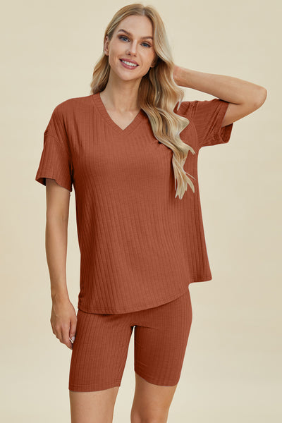 Basic Bae Full Size Ribbed V-Neck Short Sleeve Top and Shorts Set-Authentically Radd Women's Online Boutique in Endwell, New York