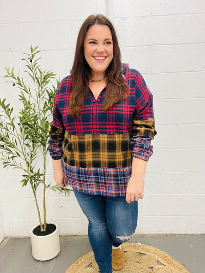 Holiday Ready Red & Mustard Plaid Notched Neck Flannel Hoodie-Authentically Radd Women's Online Boutique in Endwell, New York