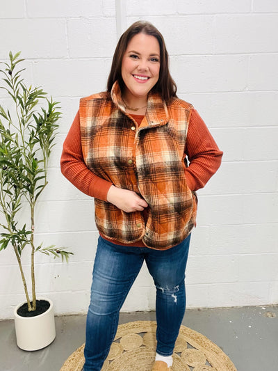 Put Together Rust Taupe Plaid Snap Button Quilted Puffer Vest-Authentically Radd Women's Online Boutique in Endwell, New York