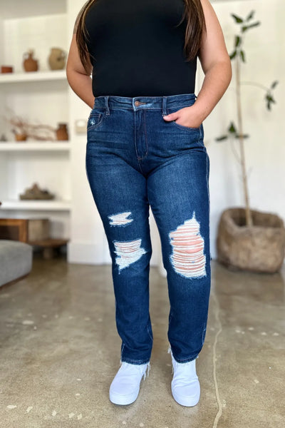 Judy Blue High Waist Rigid Magic Heavy Destroy Straight Jeans-Authentically Radd Women's Online Boutique in Endwell, New York