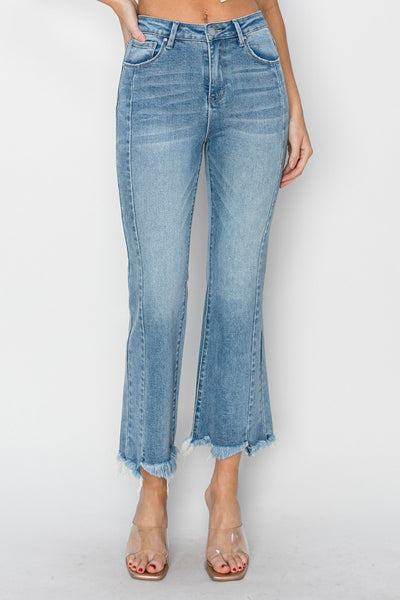 RISEN High Rise Frayed Hem Flare Jeans-Authentically Radd Women's Online Boutique in Endwell, New York