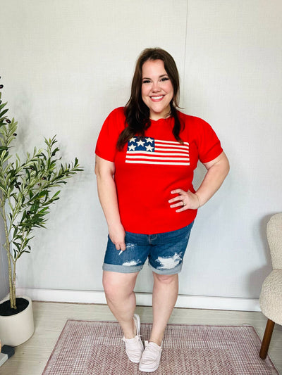 American Flag Bubble Short Sleeve Jacquard Sweater Knit Pullover-Authentically Radd Women's Online Boutique in Endwell, New York