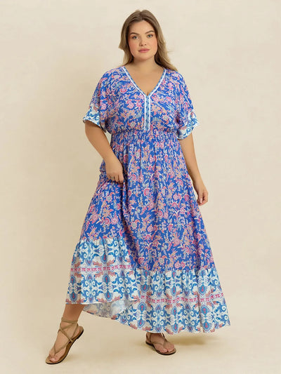 Plus Size Smocked Printed Half Sleeve Midi Dress-Authentically Radd Women's Online Boutique in Endwell, New York