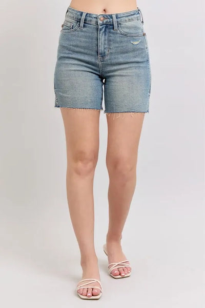 Judy Blue Full Size High Waist Vintage Wash Side Slit Denim Shorts Plus Size-Authentically Radd Women's Online Boutique in Endwell, New York