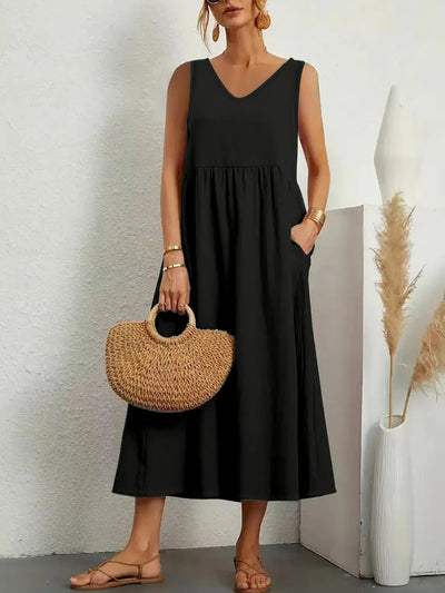 Full Size Pocketed V-Neck Sleeveless Midi Dress Plus Size-Authentically Radd Women's Online Boutique in Endwell, New York