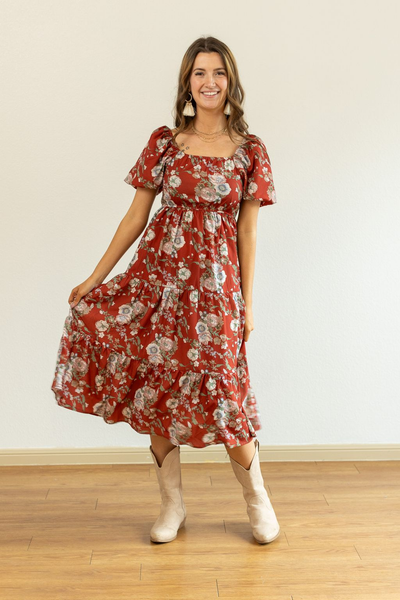 Elizabeth Midi Dress in Rust and Floral-Dresses-Authentically Radd Women's Online Boutique in Endwell, New York