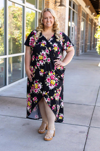 Harley High-Lo Dress - Black with Pink and Yellow Floral-Authentically Radd Women's Online Boutique in Endwell, New York