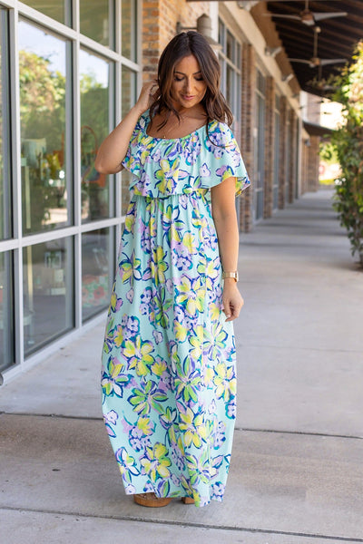 Oakley Off The Shoulder Maxi Dress - Mint Floral-Authentically Radd Women's Online Boutique in Endwell, New York