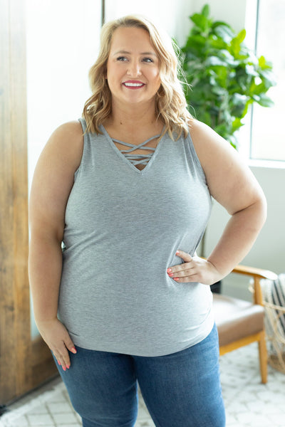 Criss Cross Tank - Light Grey-Authentically Radd Women's Online Boutique in Endwell, New York
