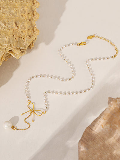 Stainless Steel Bow Pendant Necklace with Pearls-Authentically Radd Women's Online Boutique in Endwell, New York