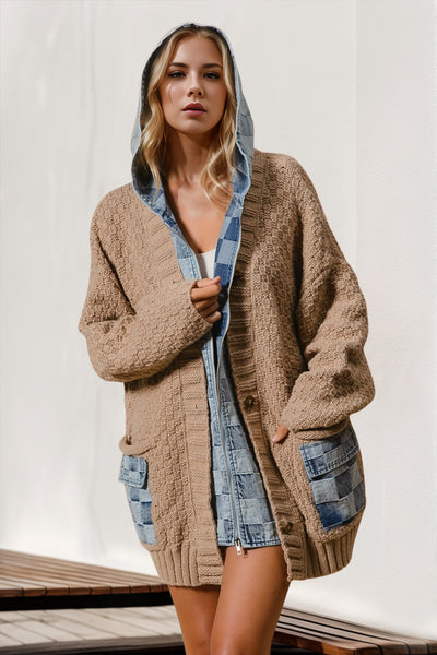 Cozy Meets Cool: Denim Spliced Hooded Cardigan-Authentically Radd Women's Online Boutique in Endwell, New York