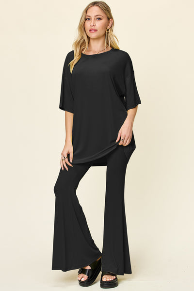 Double Take Round Neck Drop Shoulder T-Shirt and Flare Pants Set-Authentically Radd Women's Online Boutique in Endwell, New York