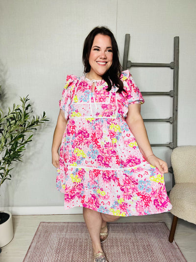 Feeling Femme Pink Floral Print Contrast Binding Babydoll Dress-Authentically Radd Women's Online Boutique in Endwell, New York