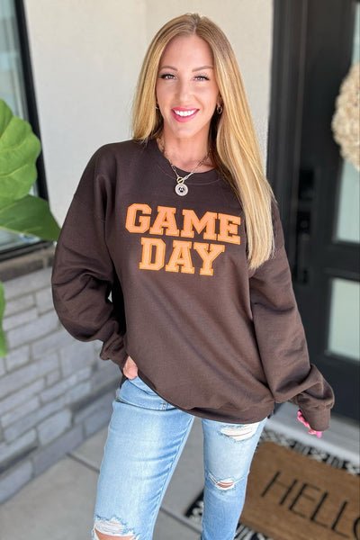 PREORDER: Embroidered Glitter Game Day Sweatshirt in Brown/Orange-Womens-Authentically Radd Women's Online Boutique in Endwell, New York