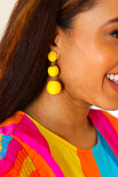 Yellow Raffia Lantern Pom Dangle Earrings-2024 Summer Blow Out Sale-Authentically Radd Women's Online Boutique in Endwell, New York