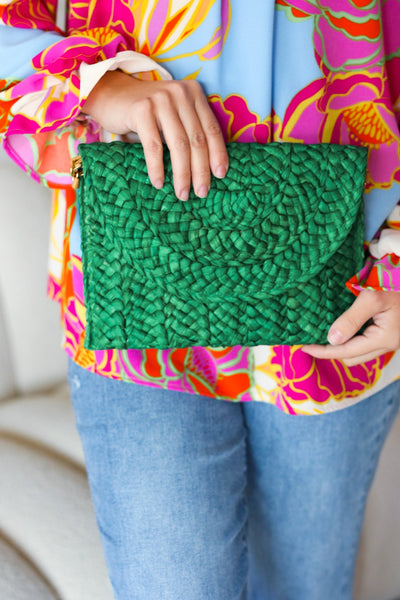Emerald Green Raffia Woven Clutch Bag-Authentically Radd Women's Online Boutique in Endwell, New York