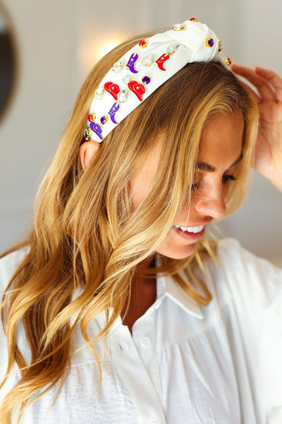 Red White & Blue Gem Cowboy Embellished Top Knot Headband-2024 Summer Blow Out Sale-Authentically Radd Women's Online Boutique in Endwell, New York