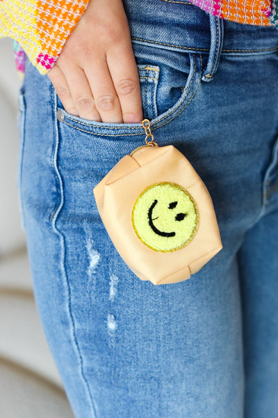 Manilla Smiley Face Patch Coin Purse Keychain-Authentically Radd Women's Online Boutique in Endwell, New York