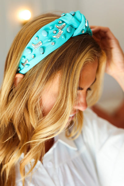 Turquoise Stone & Gem Cowboy Boot Embellished Top Knot Headband-Authentically Radd Women's Online Boutique in Endwell, New York