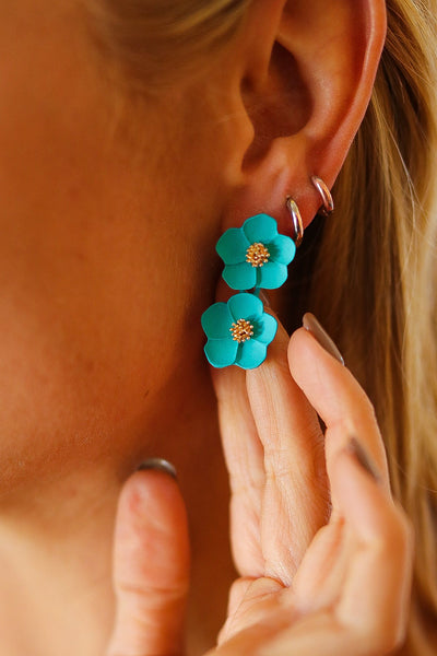 Teal Tiered Flower Dangle Earrings-Authentically Radd Women's Online Boutique in Endwell, New York