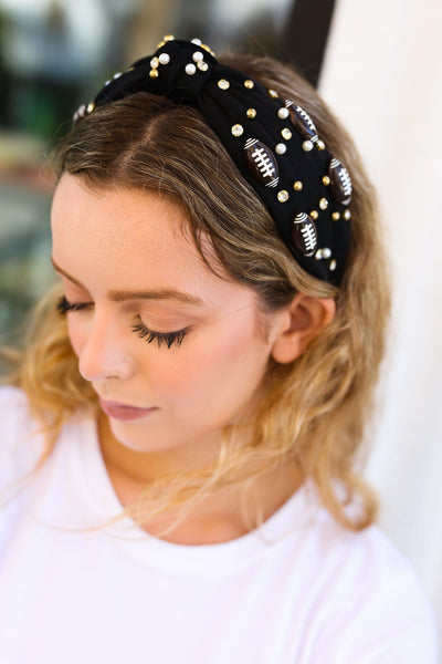 Black Stone & Gem Football Embellished Top Knot Headband-Authentically Radd Women's Online Boutique in Endwell, New York