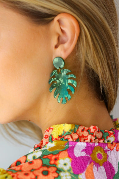 Emerald Acrylic Monstera Leaf Earrings-Authentically Radd Women's Online Boutique in Endwell, New York