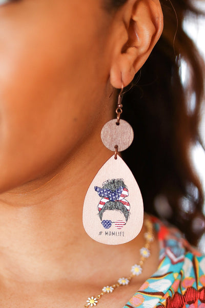USA Flag "#MOMLIFE" Wooden Dangle Earrings-Authentically Radd Women's Online Boutique in Endwell, New York
