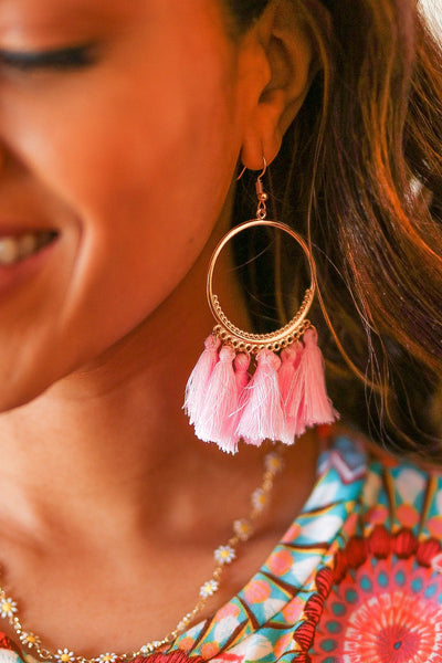 Blush Fringe Tassel Hoop Earrings-Authentically Radd Women's Online Boutique in Endwell, New York