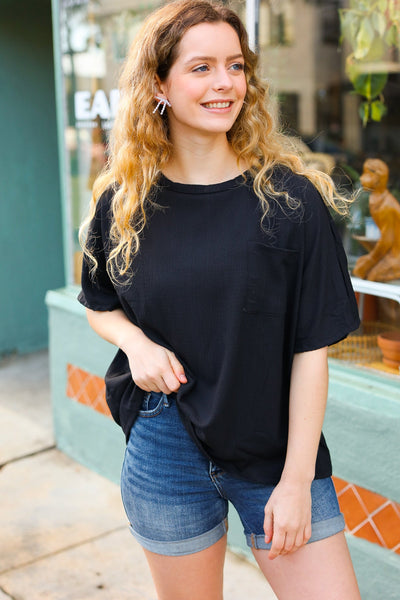 Be Bold Black Crinkle Texture Pocketed Dolman Top-07-01-25 Summer Sale-Authentically Radd Women's Online Boutique in Endwell, New York