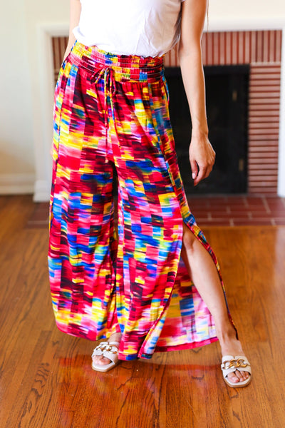 Vacay Vibes Kaleidoscope Smocked Waist Side Slit Palazzo Pants-07-01-25 Summer Sale-Authentically Radd Women's Online Boutique in Endwell, New York