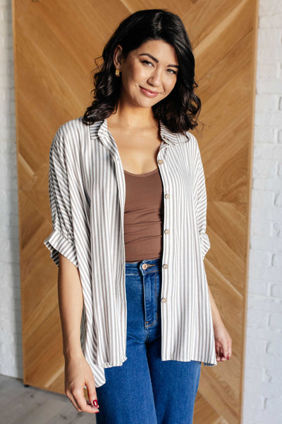 Boxy Striped Button Up in Mocha-Tops-Authentically Radd Women's Online Boutique in Endwell, New York