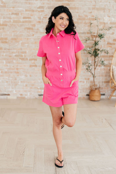 Break Point Collared Romper in Hot Pink-Jumpsuits & Rompers-Authentically Radd Women's Online Boutique in Endwell, New York