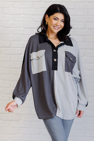Chip Off the Old Colorblock V-Neck Henley in Grey-Tops-Authentically Radd Women's Online Boutique in Endwell, New York