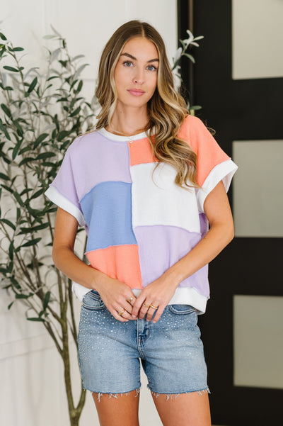 Contrast Club Color Block Top in Lilac, Orange and Denim-Womens-Authentically Radd Women's Online Boutique in Endwell, New York