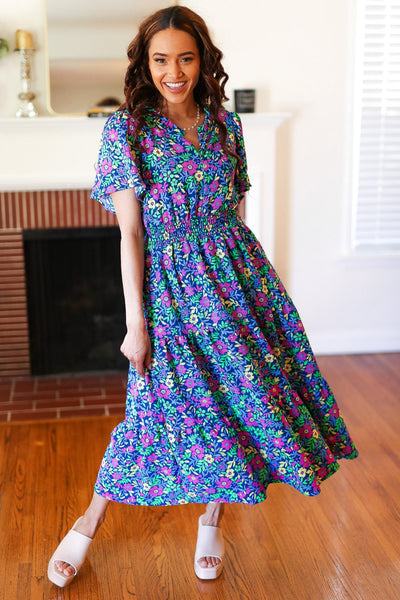 Eyes On You Navy Neon Floral Smocked Waist Maxi Dress-Authentically Radd Women's Online Boutique in Endwell, New York