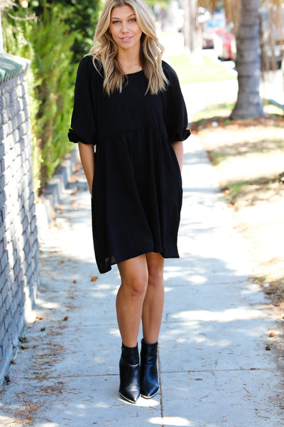 Black Three Quarter Puff Sleeve Babydoll Dress-Authentically Radd Women's Online Boutique in Endwell, New York