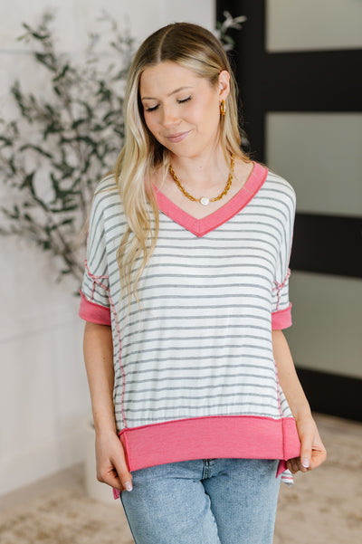 Dressed to Chill V-Neck Top in Heather/Grey/Ivory/Pink-Womens-Authentically Radd Women's Online Boutique in Endwell, New York