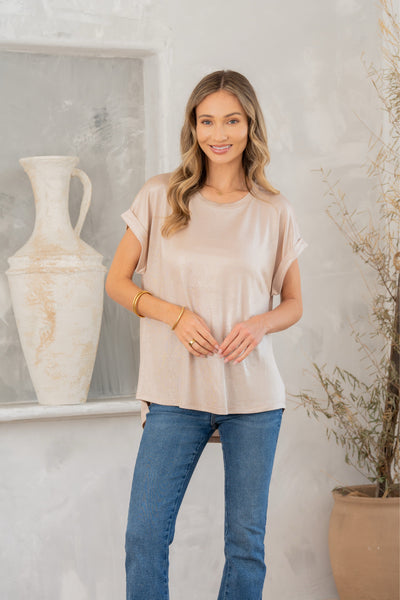 Shimmer Cuffed Top in Taupe-Womens-Authentically Radd Women's Online Boutique in Endwell, New York