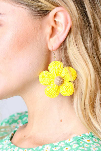 Canary Handwoven Straw Flower Dangle Earrings-07-01-25 Summer Sale-Authentically Radd Women's Online Boutique in Endwell, New York