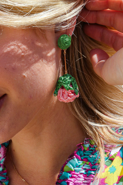 Rose Strawberry Woven Rattan Gold Dangle Earrings-Authentically Radd Women's Online Boutique in Endwell, New York