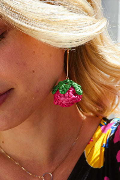 Fuchsia Strawberry Woven Rattan Gold Dangle Earrings-Authentically Radd Women's Online Boutique in Endwell, New York