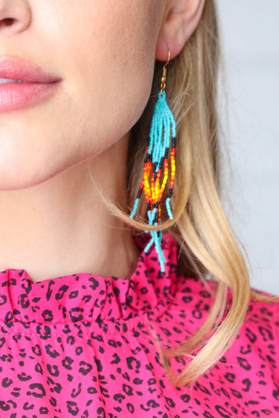 Teal Sunrise Beaded Pyramid Drop Earrings-Authentically Radd Women's Online Boutique in Endwell, New York
